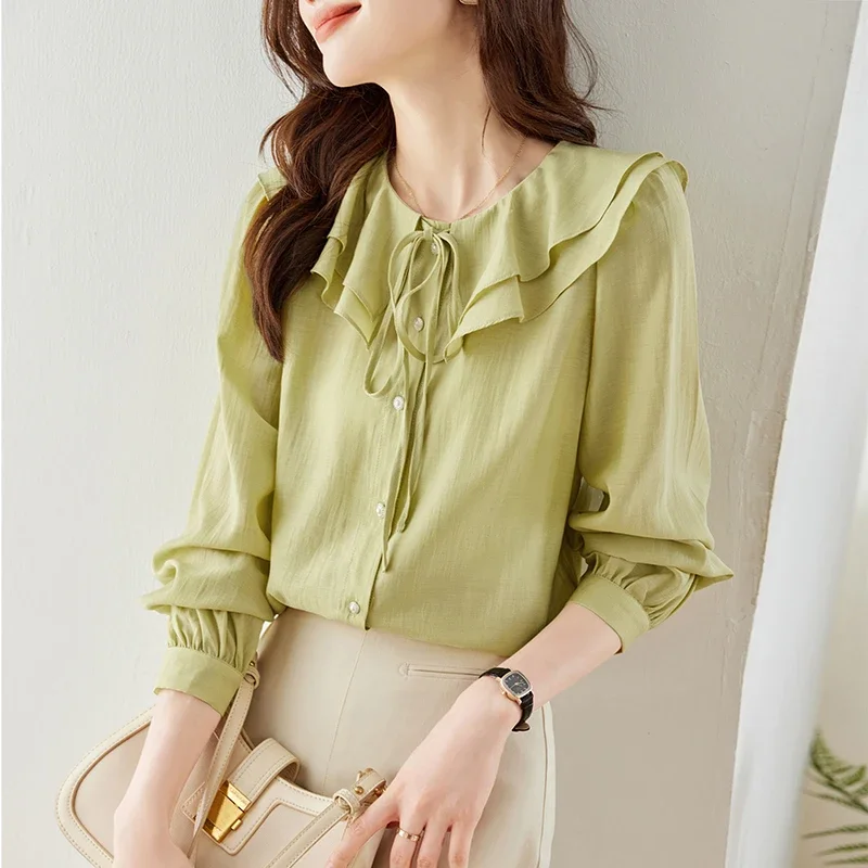 YCMYUNYAN-Chiffon Blouses for Women, Long Sleeves, Ruffles Tops, Loose, Solid, Vintage, Spring, Summer, Ladies Clothing, Fashion