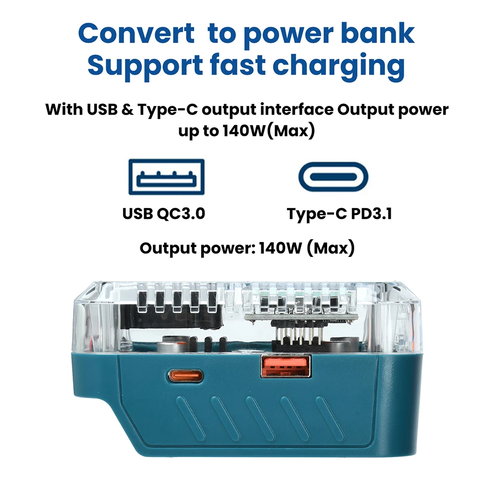 마키타 18V 충전기용 리튬 배터리 케이스 충전기 USB 타입-C 보조배터리 140W 휴대폰 컨버터 보조배터리 어댑터