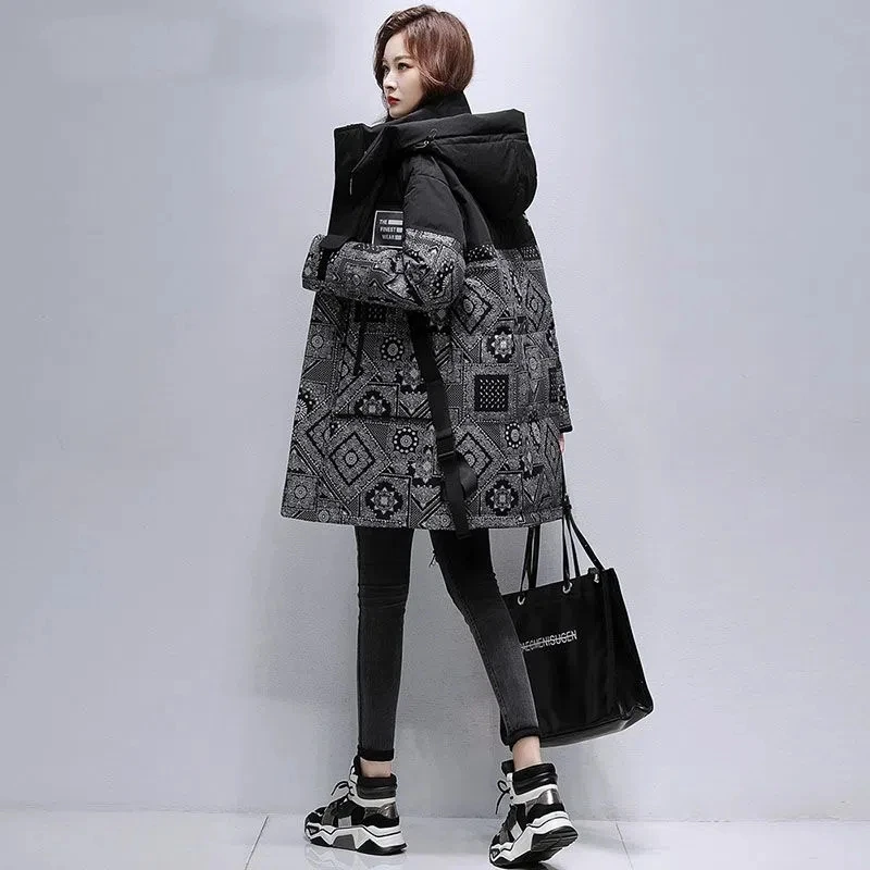 

Down Cotton Jacket Women 2022 Winter New Fashion Loose Print Casual Padded Coat Female Large Size Long Hooded Windproof Parkas