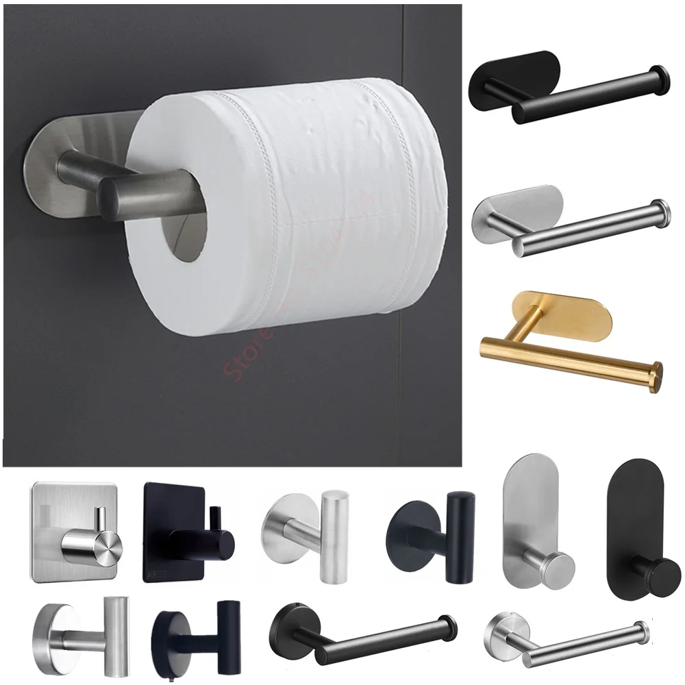 Self-Stick/Screw Fixing Toilet Paper Holder Hook Up Kitchen Silver Black Stand Stainless Steel Tissue Rack Bathroom Accessories