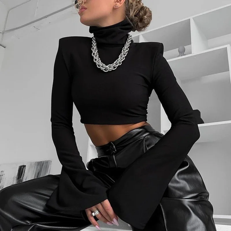 Autumn Fall New Half High Neck Black Women's T-Shirt Fashion Street Spring Slim Shoulder Padded Flared Sleeve Hot Girl Short Top