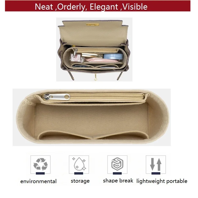 For Kelly25/28/32 Handbag Makeup Bag Organize Zipper Bag Insert Base Shaper Felt Toiletry Storage Bags Travel Cosmetic Girl
