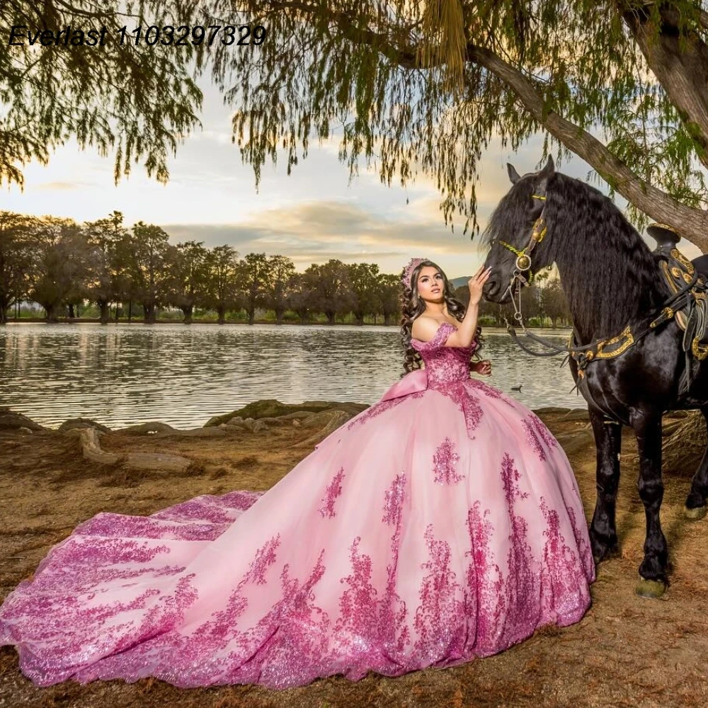 EVLAST Elegant Pink Quinceanera Dress Ball Gown Pink Sequins Lace Applique Beading Bow Corset Sweet 16 Vestido De 15 Anos TQD982