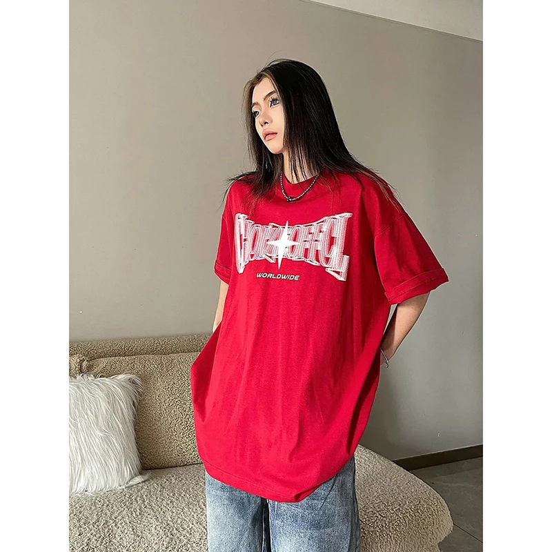 

100% Cotton Letter Printing Women T Shirts Y2K Summer Harajuku Oversized Loose Casual Short Sleeve Fashion Korean All Match Tees