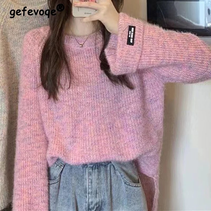 

New Women Clothing Trendy Simple Casual Y2K Soft Knitted Sweater Female Solid O Neck Long Sleeve Loose Pullover Tops Chic Jumper