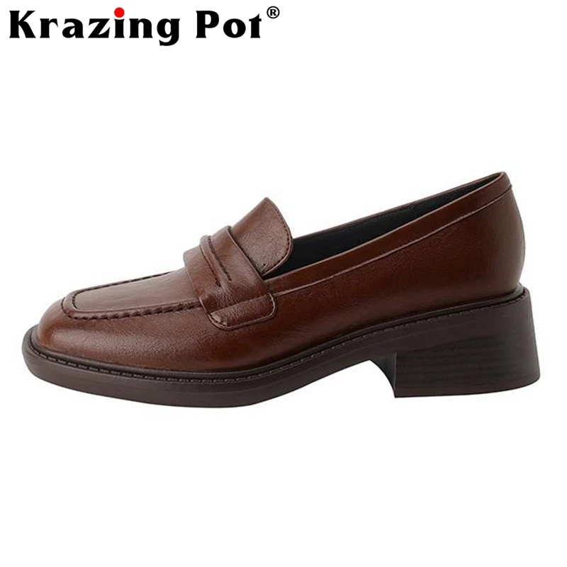 

Krazing Pot Hot Selling Full Grain Leather Square Toe Med Heels Loafers Shoes Vintage Office Lady Oriental Slip on Women Pumps