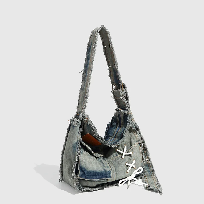 Women's Denim Shoulder Bag Big Capacity Y2K Hot Girl Vibe Distressed Washed Denim Retro Small Batch Wasteland Style Tote