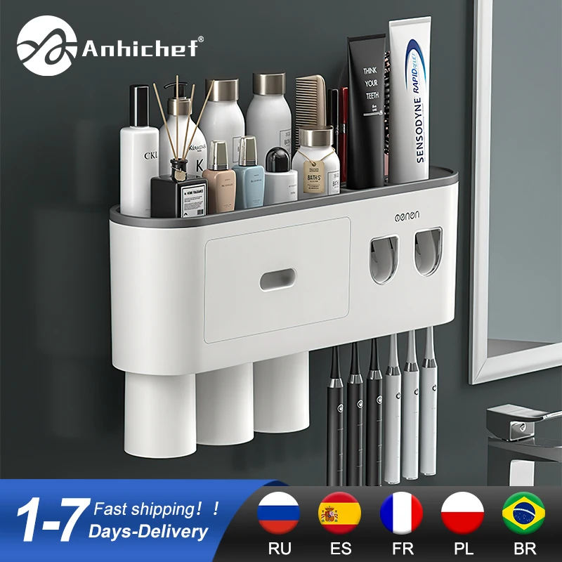 Toothpaste squeezer toothbrush holder toothpaste dispenser bathroom storage rack Bathroom Magnetic Adsorption Inverted Toothbrush Holder Wall-Automatic Toothpaste Squeezer Storage Rack Bathroom Accessories