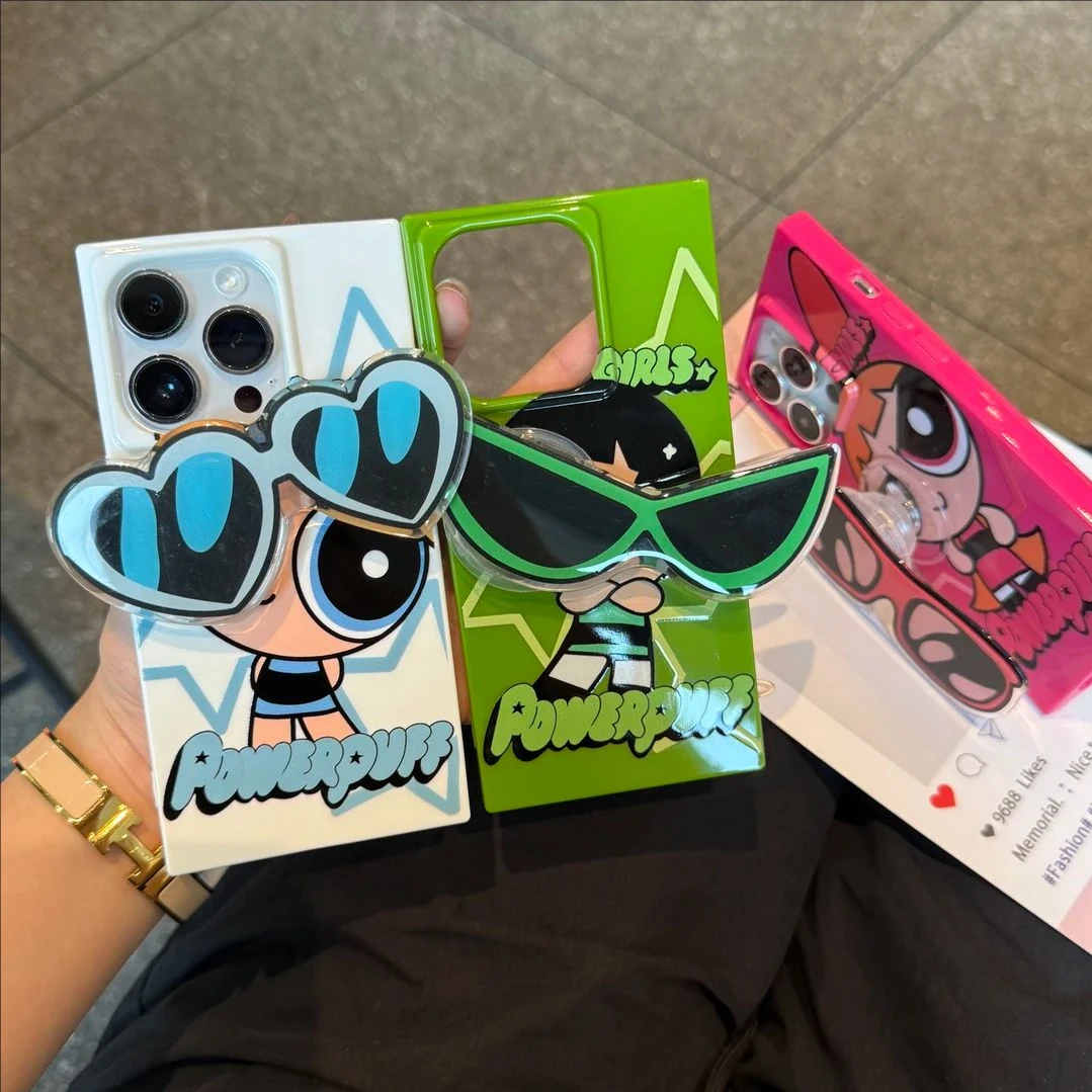 The P-Powerpuff Girls Square Macropore Glasses Bracket Phone Case for iPhone 16 15 14 13 12 11 Pro Max Shockproof Silicone Cover 1