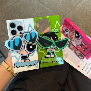 The P-Powerpuff Girls Square Macropore Glasses Bracket Phone Case for iPhone 16 15 14 13 12 11 Pro Max Shockproof Silicone Cover 1
