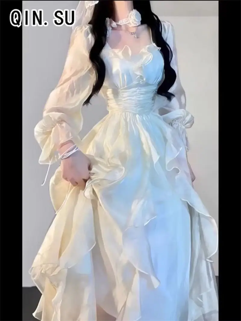 New Sweet and Gentle Square Neck Long Sleeve Dress with College Style for Girls, Loose Vacation A-line Medium Length Skirt