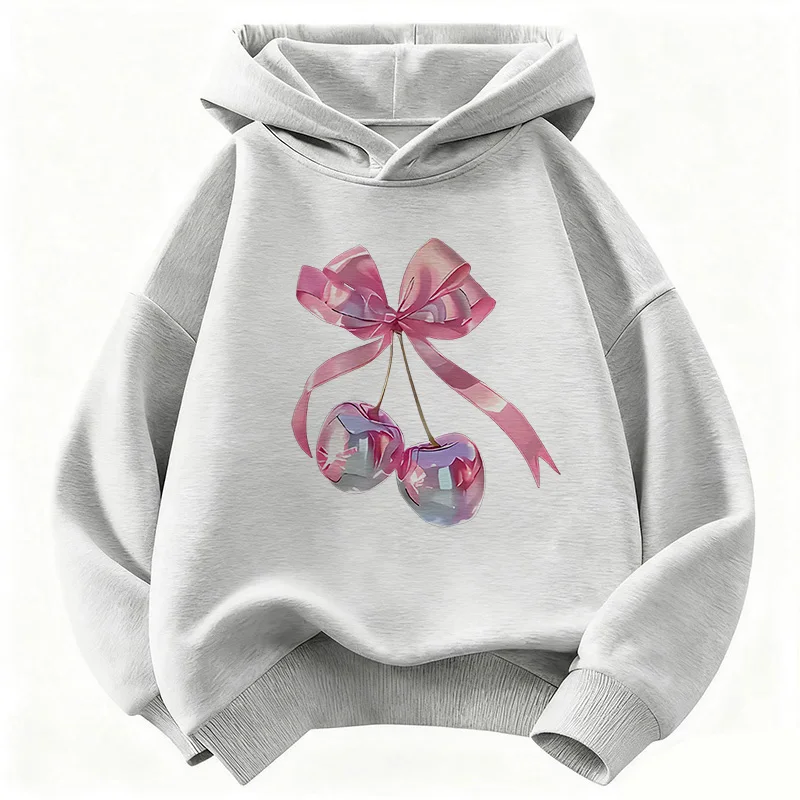 Pink Bow Design Girls' Casual Hoodie - Funny 90s Kids' Autumn/Winter Sweatshirt