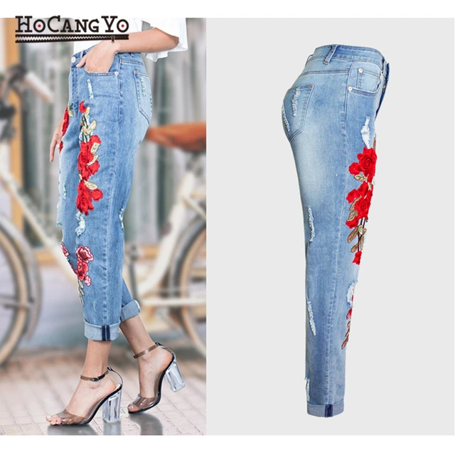 Jean brodé en Denim pour femmes, pantalon ample, taille haute, extensible, déchiré, en coton, taille S-3XL