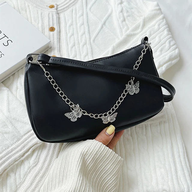 Black Leather Shoulder Bag Zip Street Style Bag with Chain