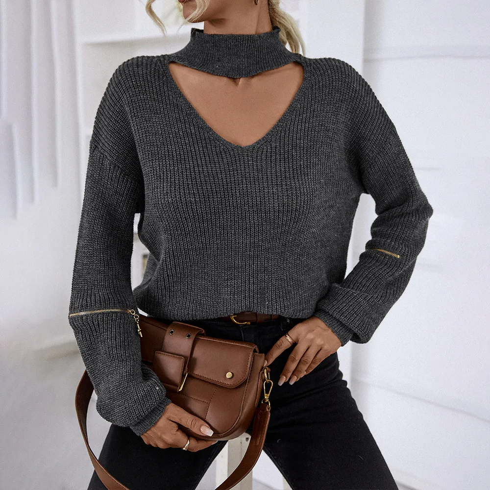 

Popular Women's Wear 2024 Autumn/Winter New High Necked Hollow Zipper Loose Casual Long Sleeved Sweater