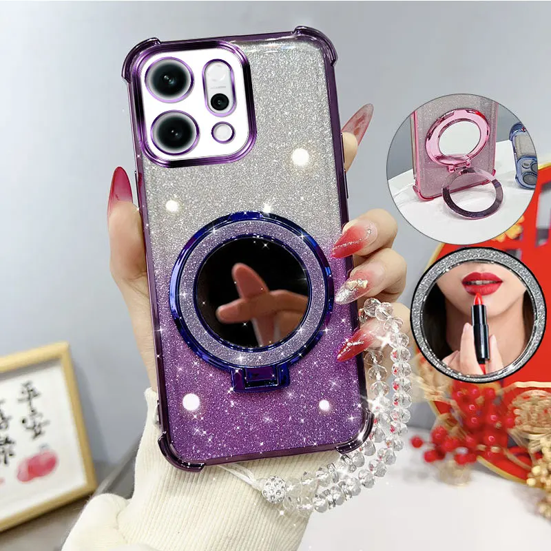 Glitter Shockproof Phone Case with Mirror Stand and Beaded Strap