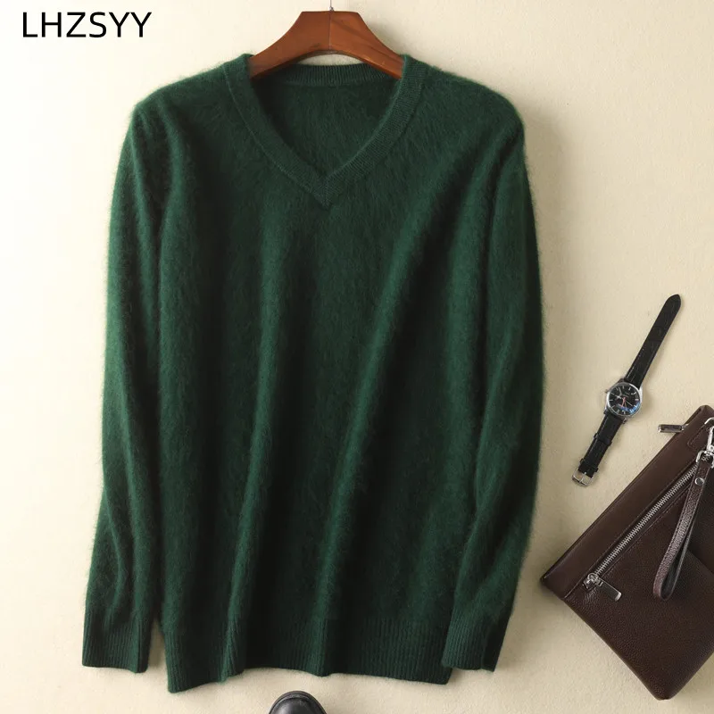 LHZSYY Men's 100% Mink Cashmere Large Size Sweaters Autumn Winter Solid V-neck Casual Knit Pullovers Men Long Sleeve Warm Jumper 5