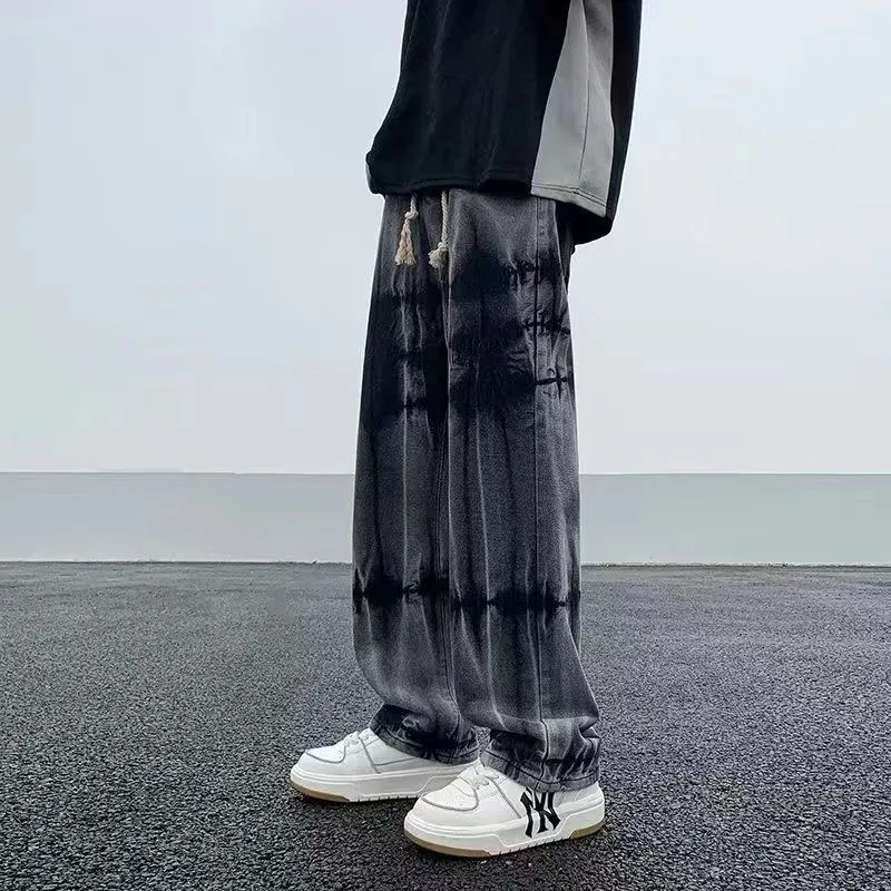 New Spring and Autumn Fashion Brand Tie Dyed Gradient Retro Denim Straight Leg Loose and Versatile Handsome Men's Casual Pants 3