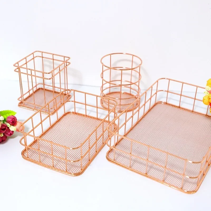 Storage box makeup organizer pen holder makeup storage box cosmetic storage box cosmetics shelf Nordic Gold Metal Iron Makeup Pen Storage Basket Office Desktop Sundries Makeup Brushes Holder Table Cosmetics Organizer Rack