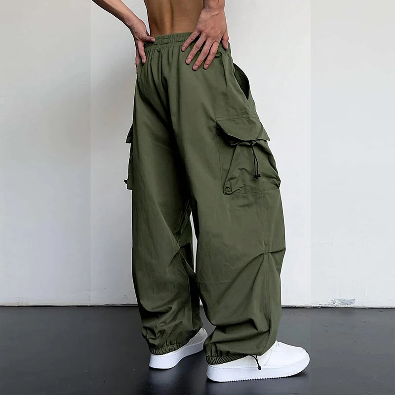 Men's Casual Cargo Pants Fashion Streetwear Classic Man Straight Wide-leg Pants Drawstring Workwear Trendy Loose Cargo Trousers 4