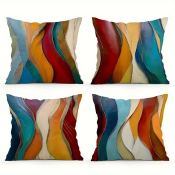 4-Piece Colorful Wave Theme Plush Pillow Covers (No Inserts) 1