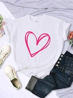 Plus Size Pink Heart Print Women Tee Clothing Personality Casual T-Shirts All-math Short Sleeve Creative O-Neck Womans Tops - Image 2