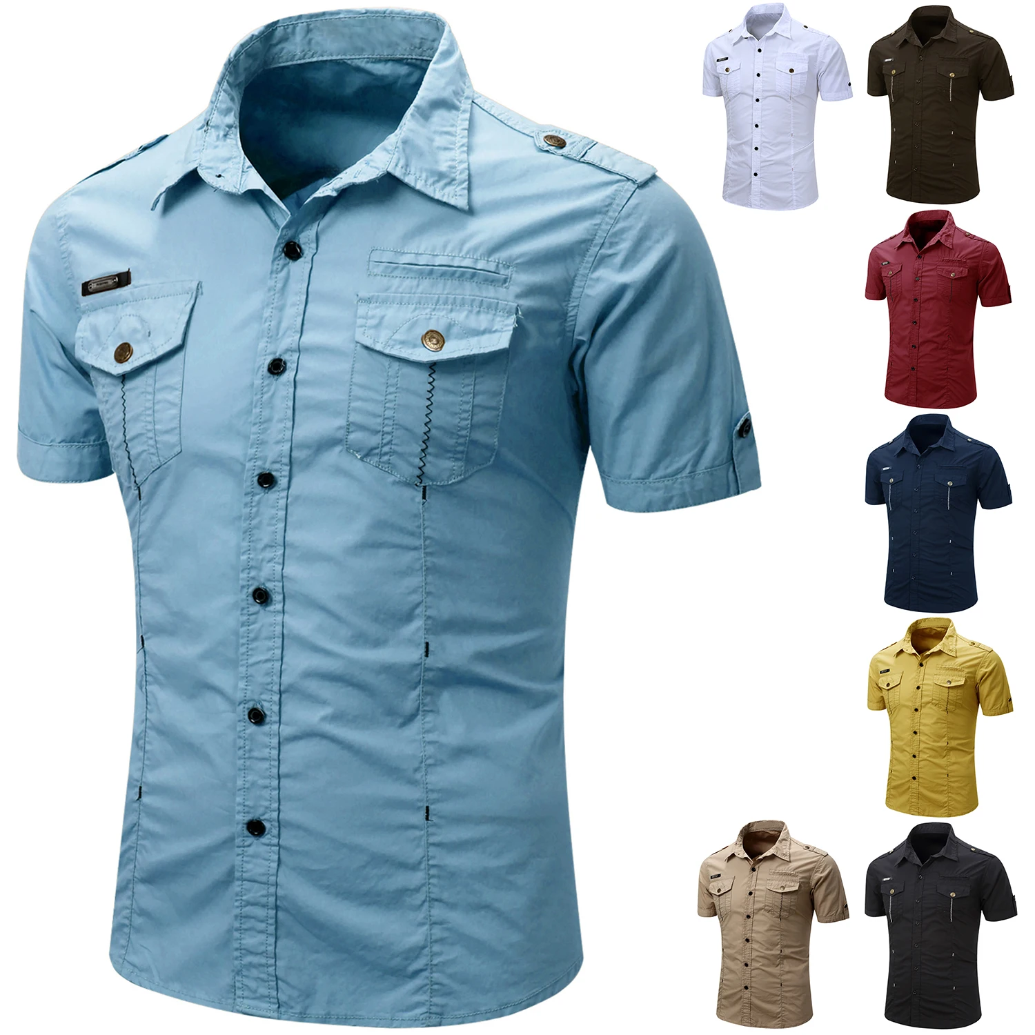 Men's Casual Cotton Military Tactical Shirt Summer Short Sleeve Solid Color Cargo Work Shirts with Pocket