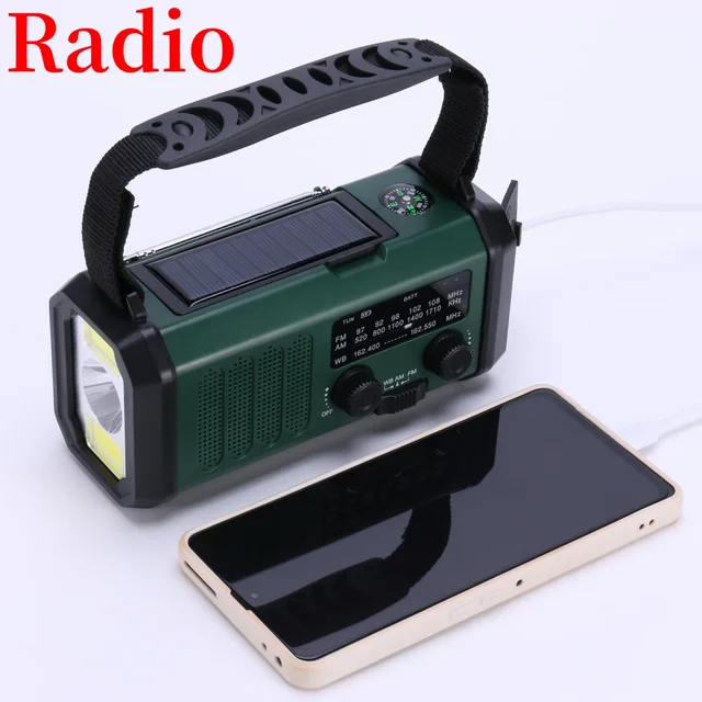 LED Emergency Radio AM/FM/WB 10000mAh Emergency Power Bank Flashlight Reading Lamp Solar Radio Charger Type-C Charging SOS Alarm