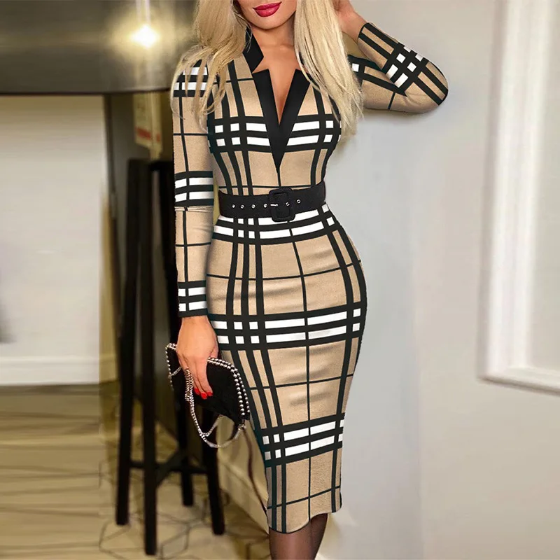 

Spring New Digital Printing Plaid Long-sleeved V-neck High-waisted Dress (free Belt) Sexy Commuting Fashion