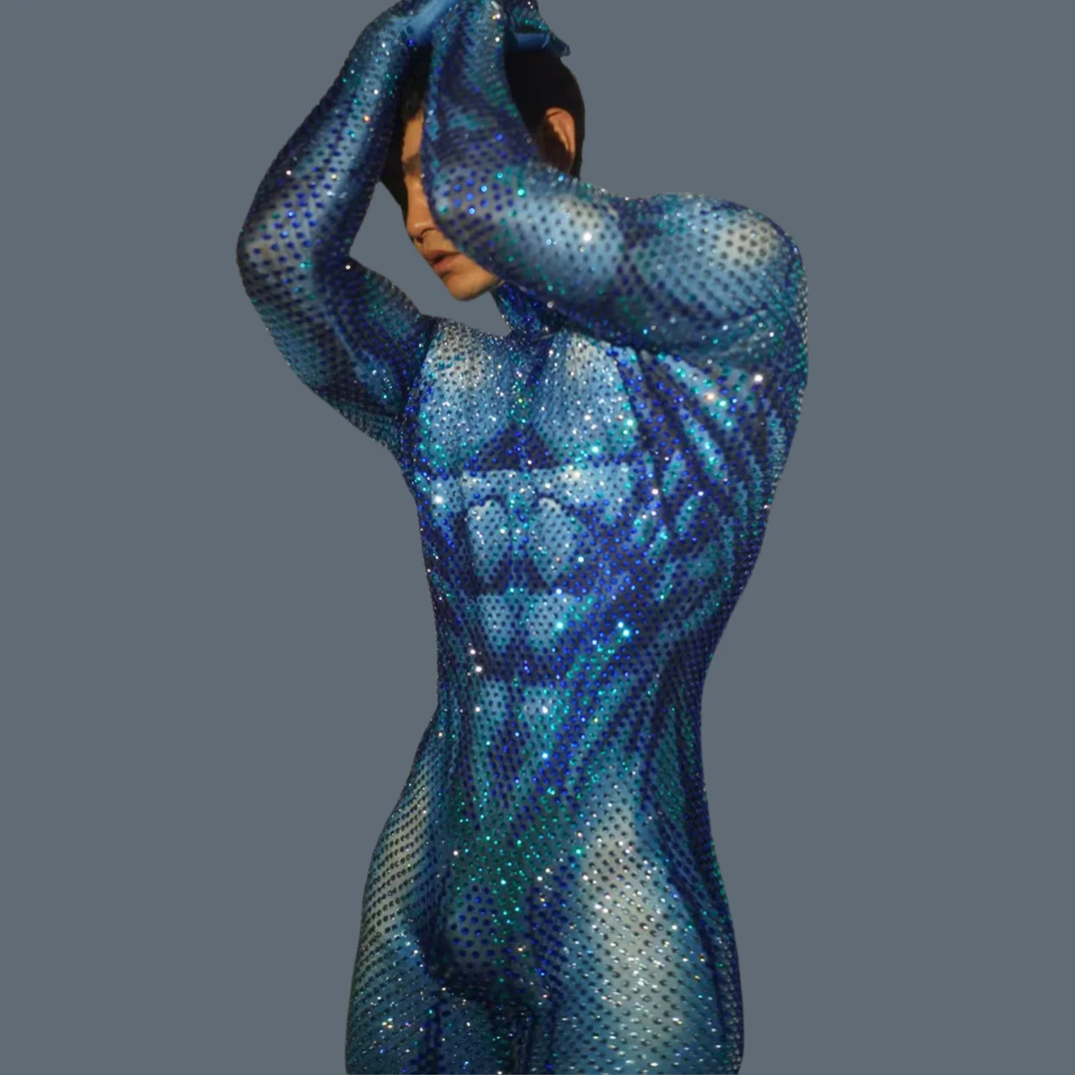 Fashion Men's Sexy Wear Luxury Full Rhinestone Jumpsuit Spandex Bodycon Party Nightclub DJ Stage Performance Muscular Man Juren 6