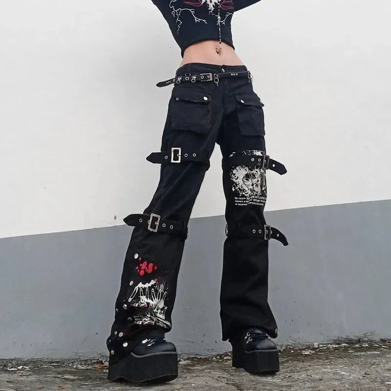 old navy jeans JMPRS Gothic Bandage Women Baggy Jeans Aesthetic Harajuku Cartoon Print Black Denim Trousers Dark Academia Hight Waist Pants hollister jeans