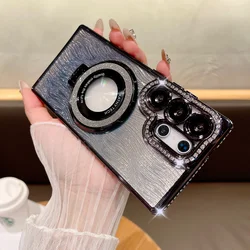 Rhinestone Glitter Magnetic Mount Water Ripple Case with Camera Protection for Samsung Galaxy S23 Ultra (Black)