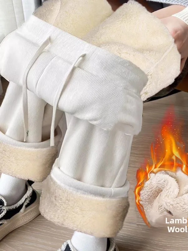 Lamb Fce Lined Casual Thiened Corduroy Wide Leg Pants Women's Autumn Winter Faion Warm Straight Cut Trousers - Image 5