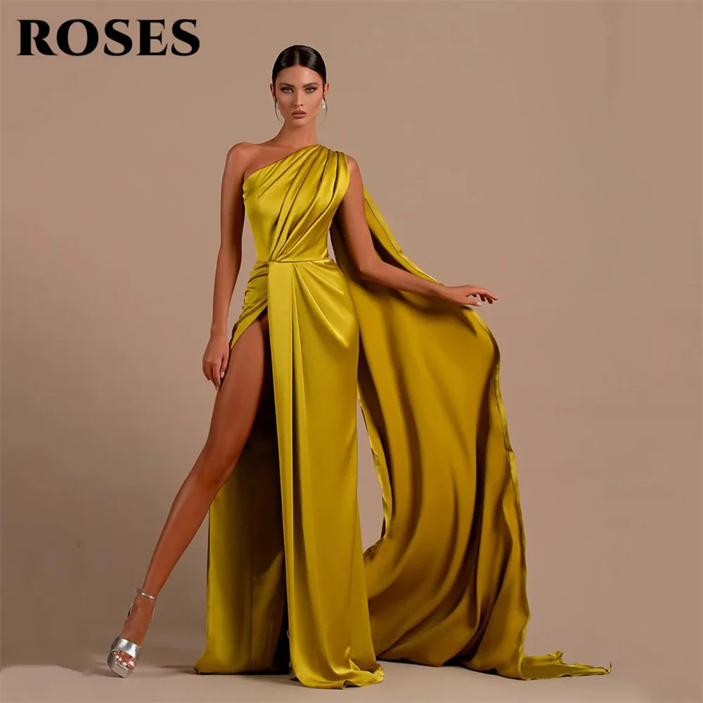 ROSES Gold Prom Dress Sleeveless One Shoulder Satin Evening Dresses Sexy Side High Split Party Dress With Pleats Robe De Soirée