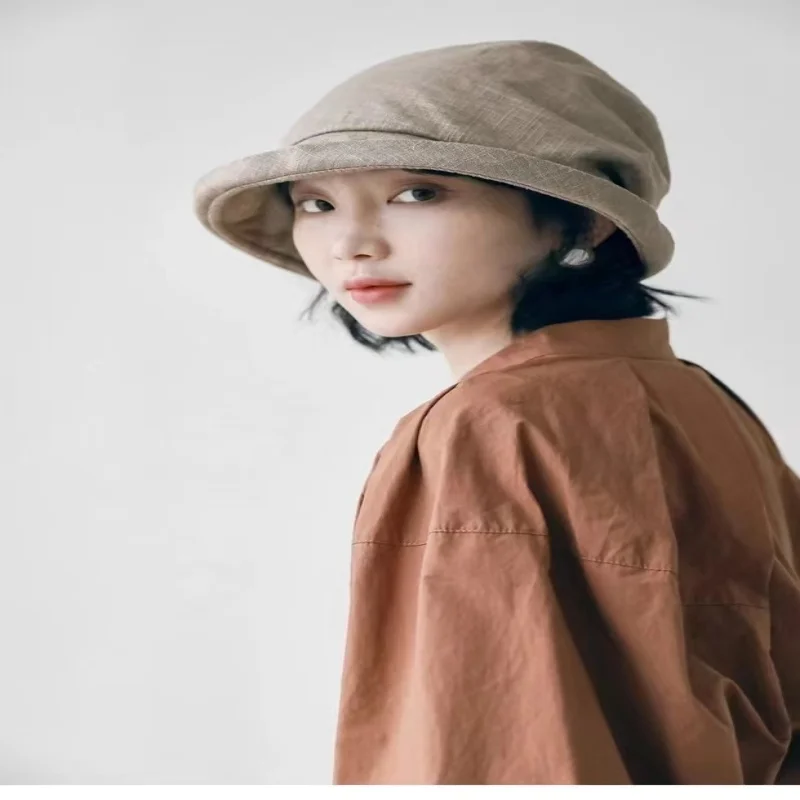 Japanese Cotton Linen Pleated Women Fisherman Hat Small Brim Summer UV Resistant Breathable Linen Basin Hat Wrapped Head Ladies 3