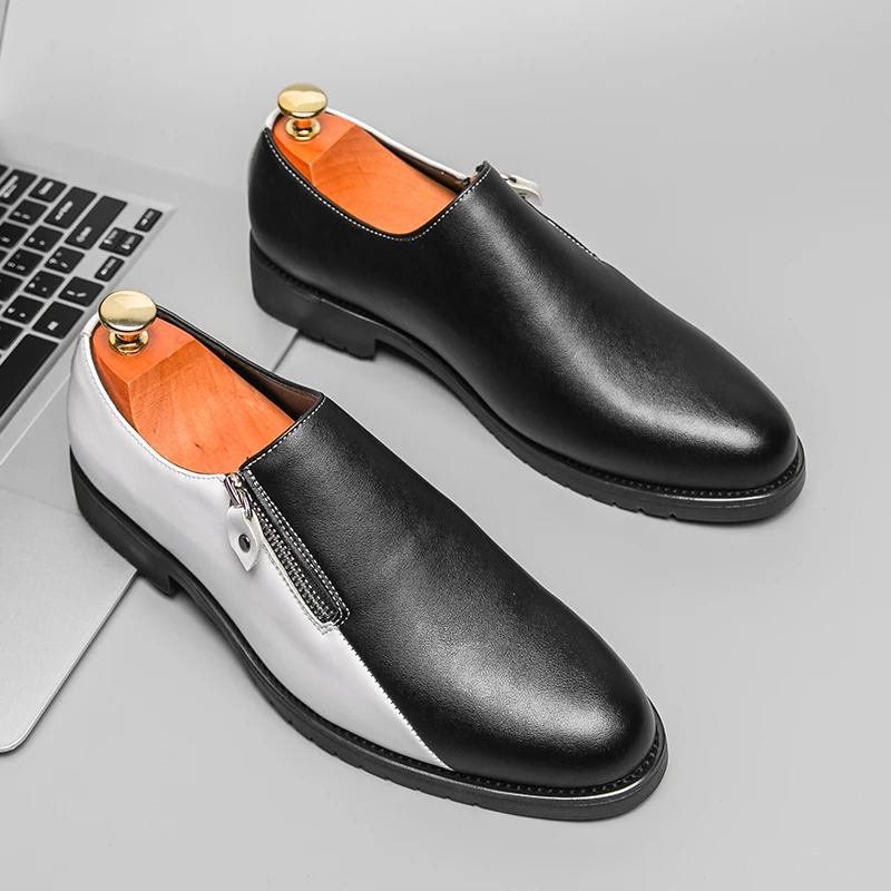 

Spring Black and White Loafers Men Slip-on Leather shoes Brand zip flat shoes Fashion Designer Leather Shoes Casual shoes