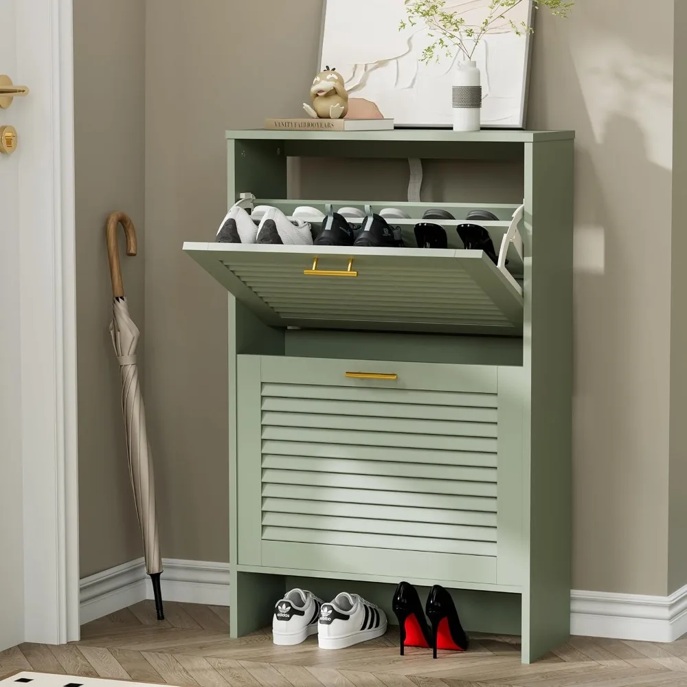 Shoe Storage Cabinet with 2 Flip Drawers, Louvered Shoe Cabinet for Entryway, Narrow Hidden Storage Organizer Space Saving, Shoe