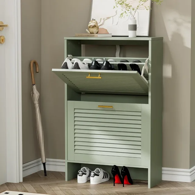 Shoe Storage Cabinet with 2 Flip Drawers, Louvered Shoe Cabinet for Entryway, Narrow Hidden Storage Organizer Space Saving, Shoe