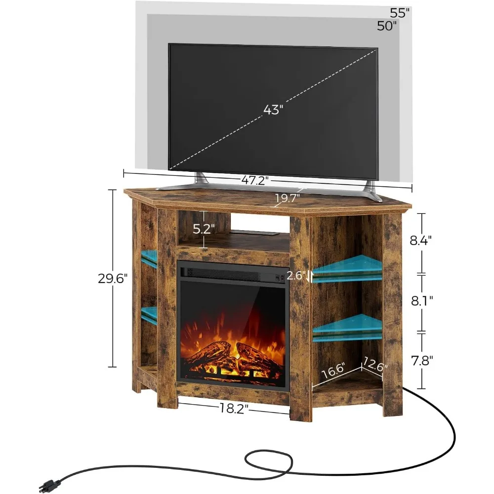 Fireplace Corner TV Stand, 47 Inch TV Stand with Power Outlets and LED Lights, Rustic TV Console, Entertainment Center Living 5