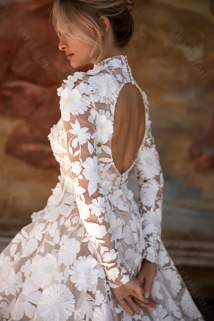 3D Flower Lace Wedding Dresses A Line Long Sleeve Backless High Neck Bridal  Gown | eBay