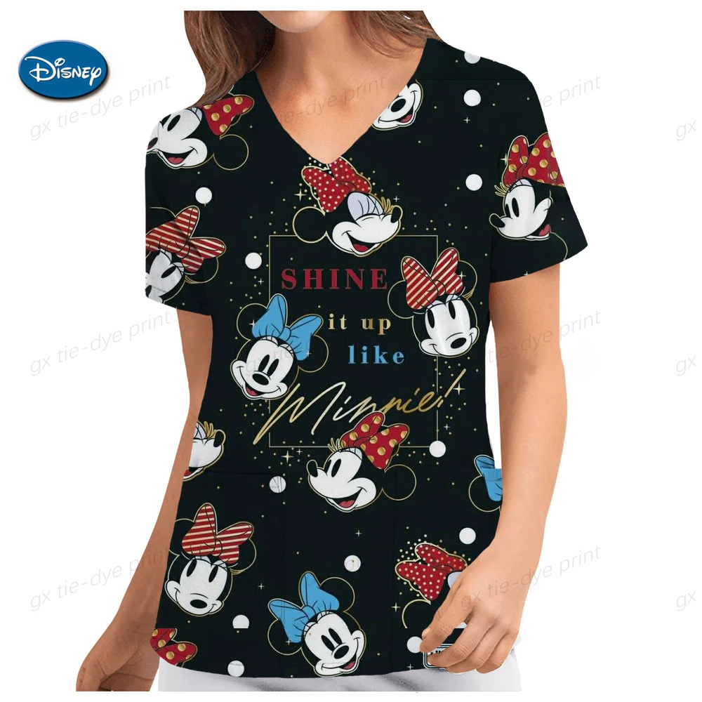 thumbnail image 1 of Blusa de trabajo de enfermera con estampado de Mickey Mouse de Disney, uniformes médicos, uniforme de enfermera de atención médica, manga corta, cuello en V para mujer, 1 of 5