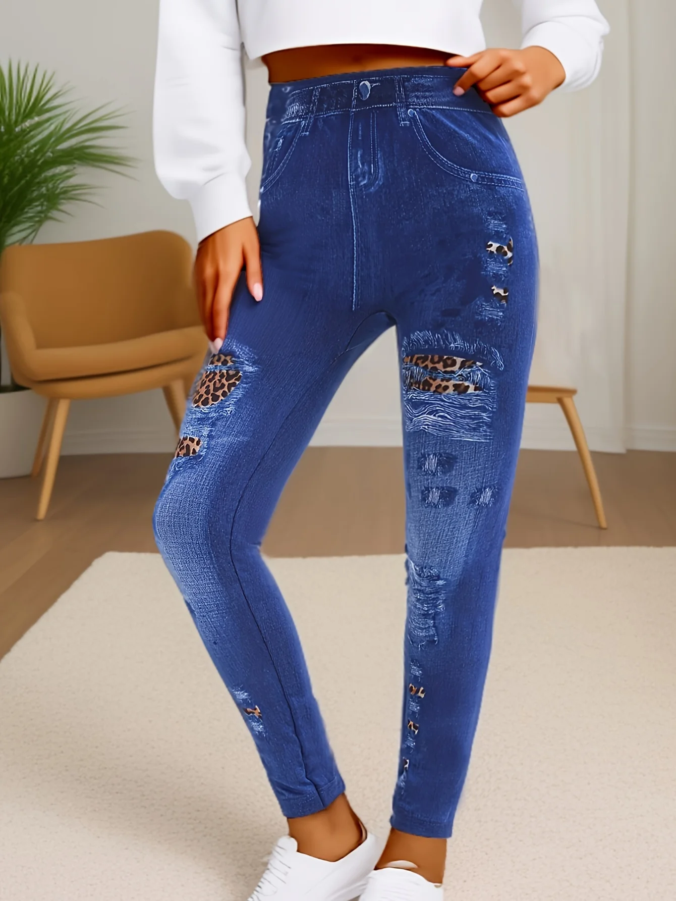 Women's Fitness Sports Seamless Imitation Denim Tight Leggings With Leopard Print High Waisted Elastic Cropped Pants