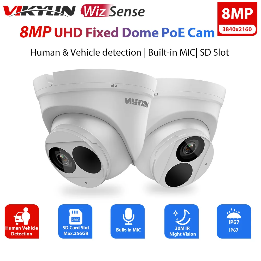 

Vikylin 8MP 4K Security IP Camera For Uniview Onvif Compatible POE Wisense IR Night Vision Human Vehicle Detection Cam Mic IP67