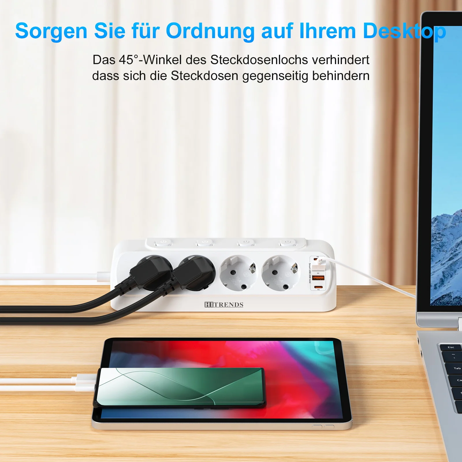 Eu Plug Multi-Function Power Board 2 USB-A and 2 USB-C Fast Charging Power Adapters 2 m Extension Cord Independent Switch White - 4