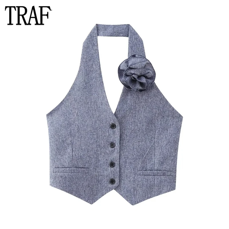 

TRAF 2024 FLower Sleeveless Vest Woman Halter Crop Top Women Textured Button Vests for Women Streetwear Backless Vest Women