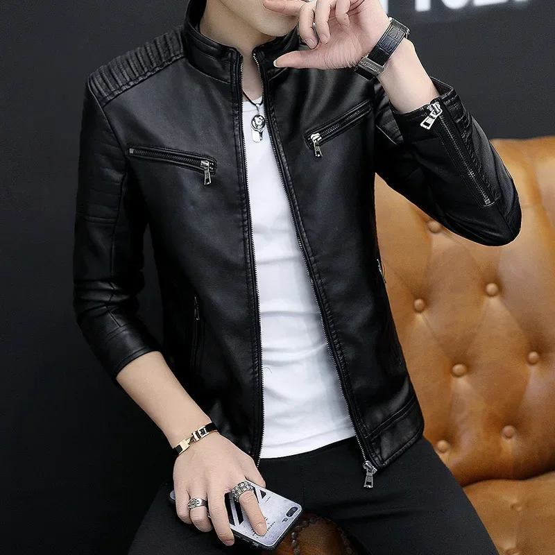 2024 Solid Color Cross-border Leather Jacket For Men Trendy Motorcycle Vest Windproof Slimming Smooths Your Silhouette 2