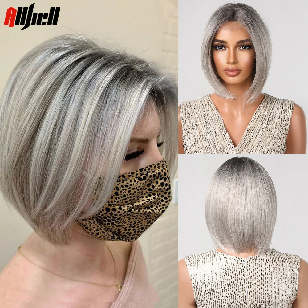 

Short Natural Hairline Lace Wigs Silver Grey Blonde Lace Hair Bob Straight Synthetic Wig for Women Cosplay Lolita Heat Resistant