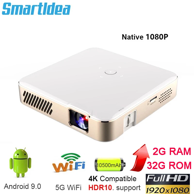 Smartldea DLP 1920 1080P Projector Full HD Smart Proyector Android9.0 5G Wifi 10500mAh Battery Home Cinema TV Phone 4K Beamer