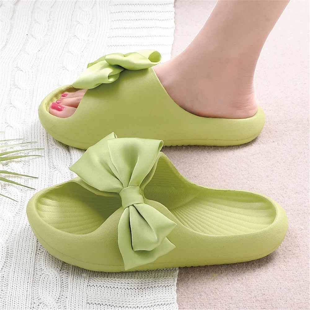 Bow Tie Slippers Women  Summer New Thick Indoor Home Sandals Couples Bathroom Slides Non-slip Soft House Slippers Femme