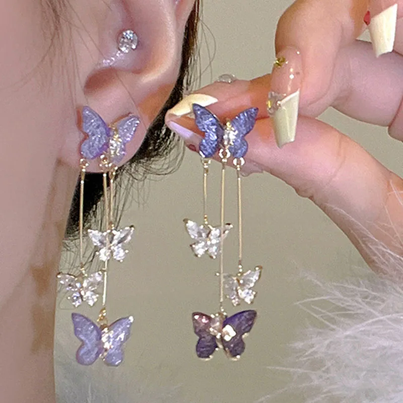 925 Silver Needle Purple Butterfly Long Tassel Earrings For